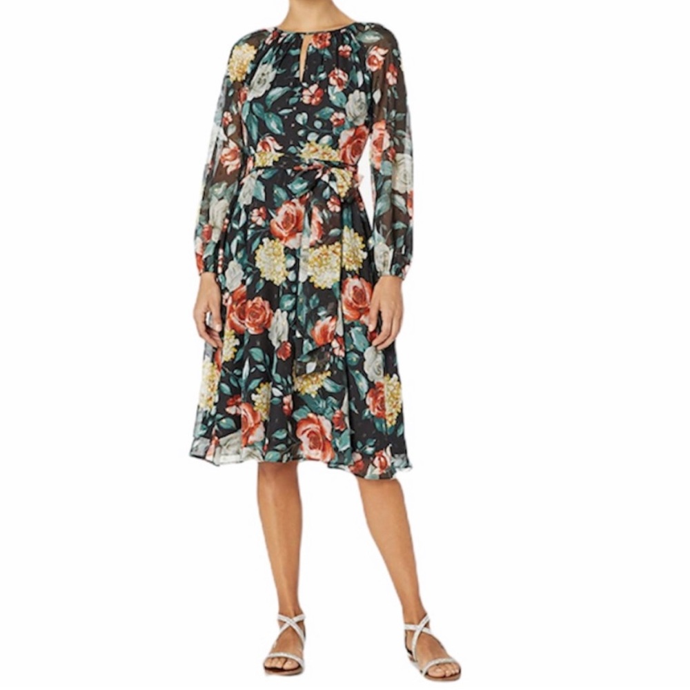TAHARI Floral Print Long Sleeve Flare Dress - Sz: 8